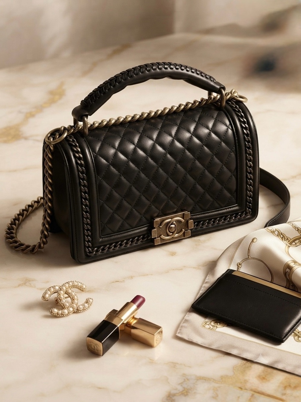 Classic Quilted Shoulder Bag with Chain Handle - Black